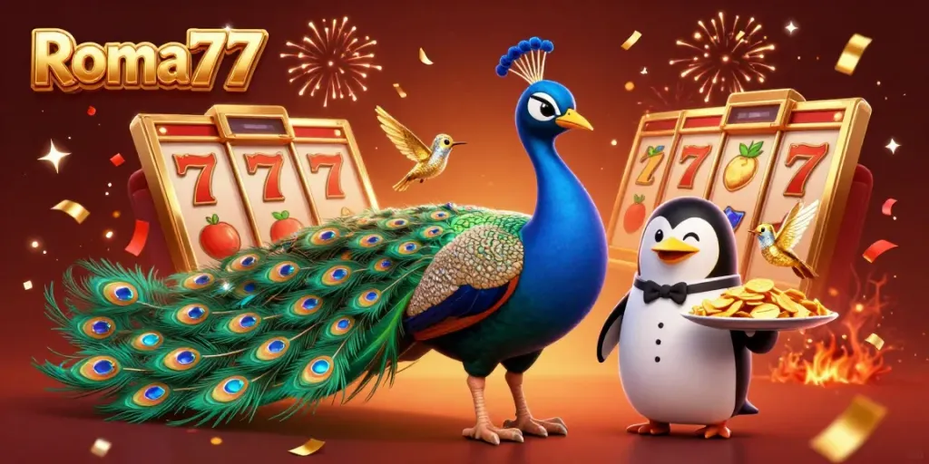 Experience thrilling slots at Roma77 with lush visuals of a peacock and charming characters amidst dazzling casino elements.