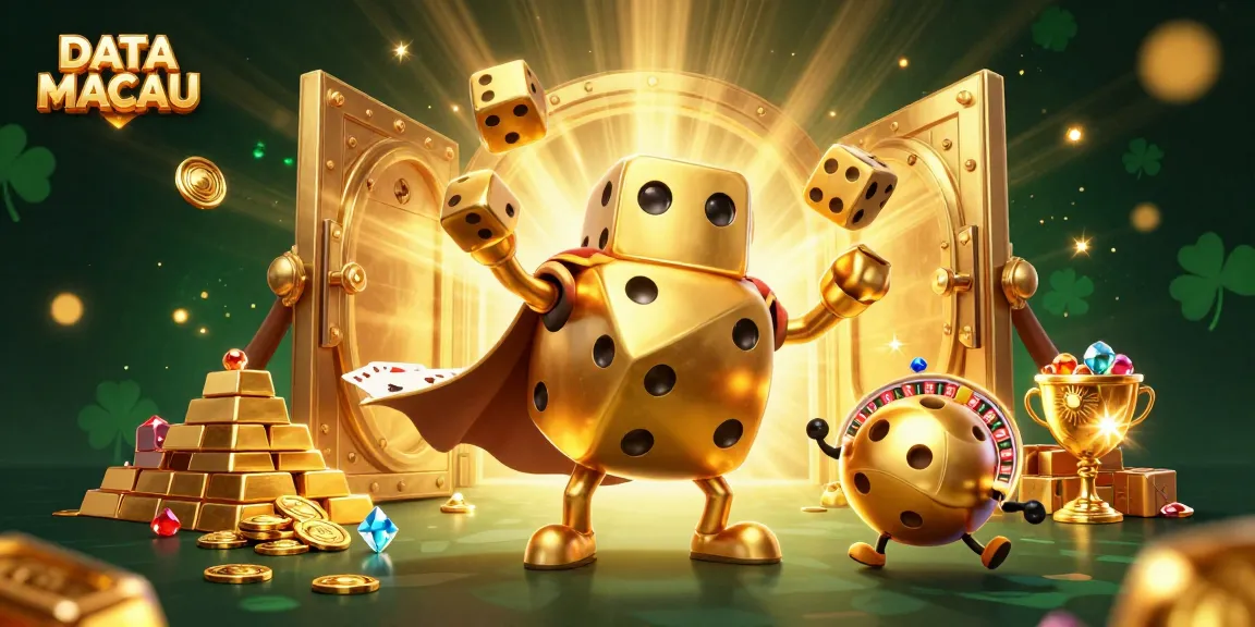 Menyaksikan DATA MACAU melalui ilustrasi 3D kasino dengan dadu emas raksasa dan elemen permainan yang berkilauan.
