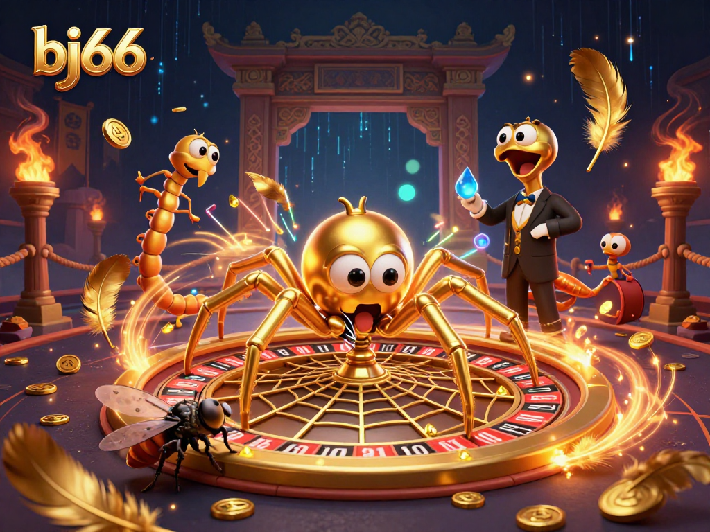 Experience exhilarating betting action at bj66 with a vibrant golden spider spinning a roulette wheel.