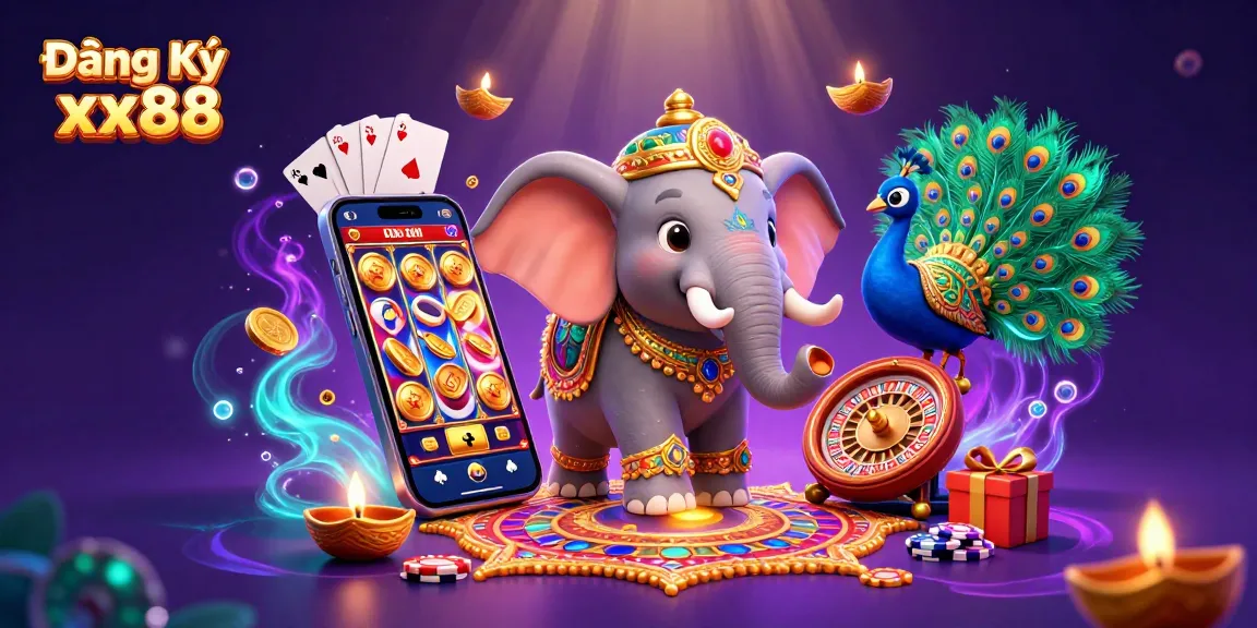 Engage with Đăng Ký xx88 through this vibrant illustration of an elephant and peacock amid lively casino elements.