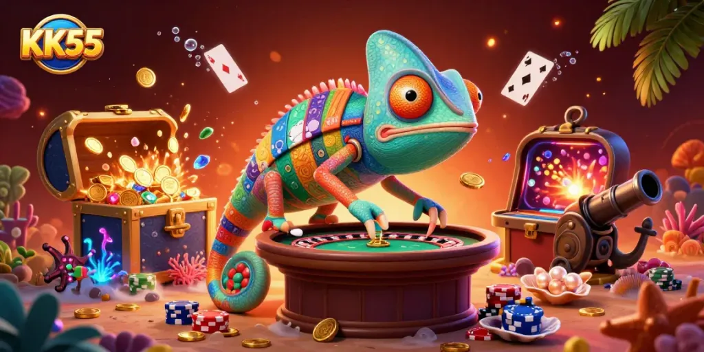 Experience thrilling play at KK55 with our colorful casino scene featuring vibrant games and rewards.