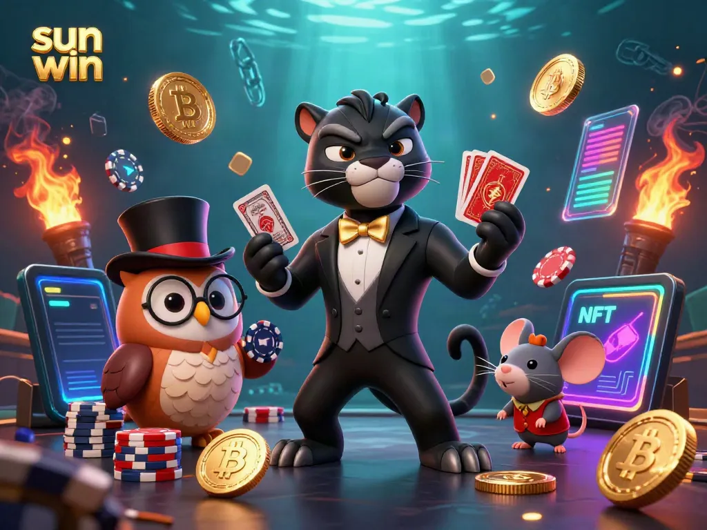 Experience the excitement of sun win with a unique 3D casino scene featuring vibrant characters and crypto elements.