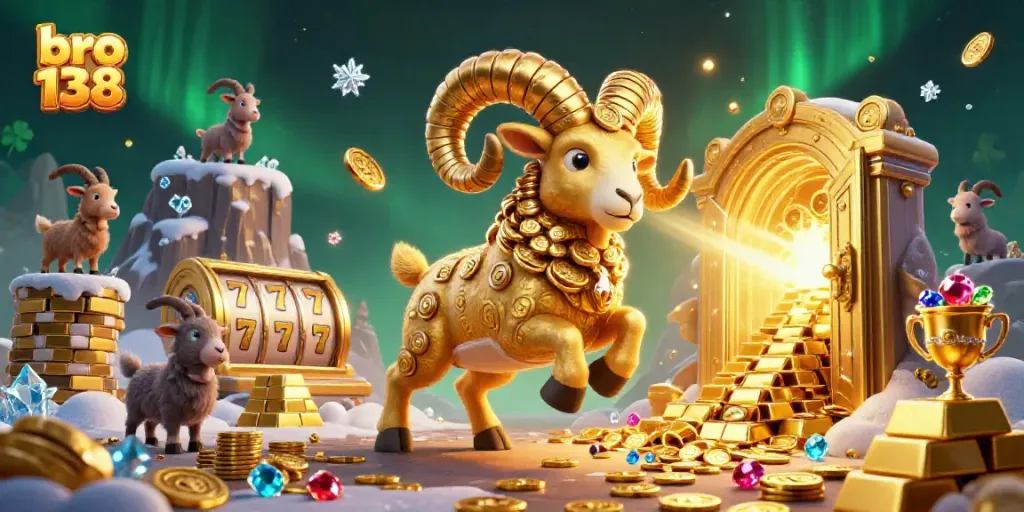 Bro 138 showcases a vibrant 3D casino illustration filled with golden treasures and slot machines.
