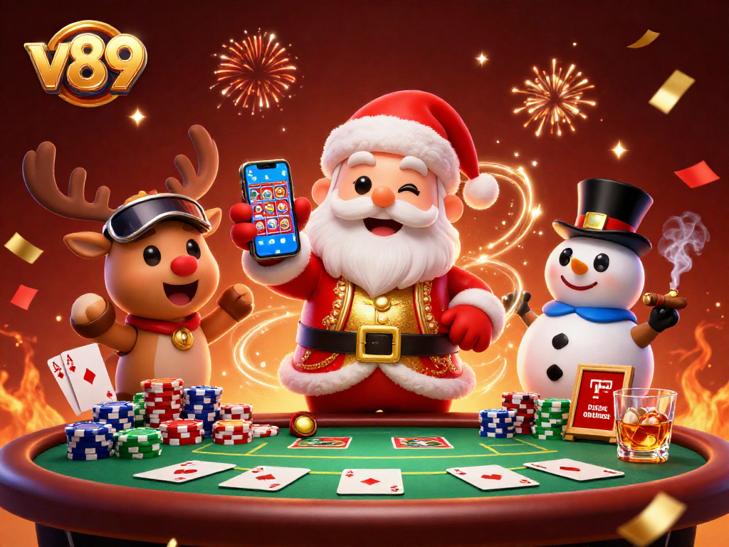 Menggenggam smartphone jackpot, Santa Claus dan teman bertaruh di v89 dalam suasana kasino yang meriah.