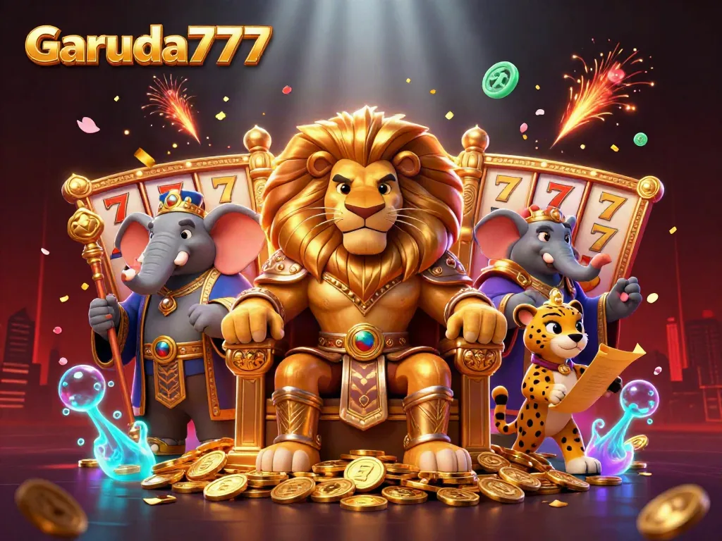 Garuda777 menggambarkan slot, raja singa, dan elemen permainan dalam ilustrasi 3D yang menarik.