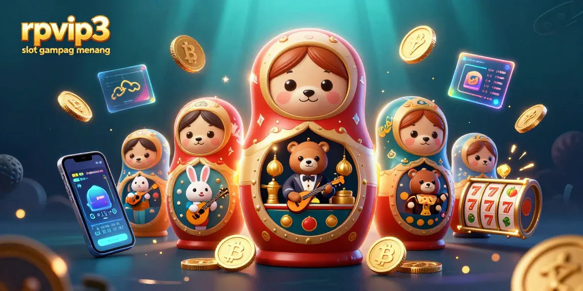 Engage with rpvip3 slot gampang menang featuring a playful 3D illustration of casino-themed characters.