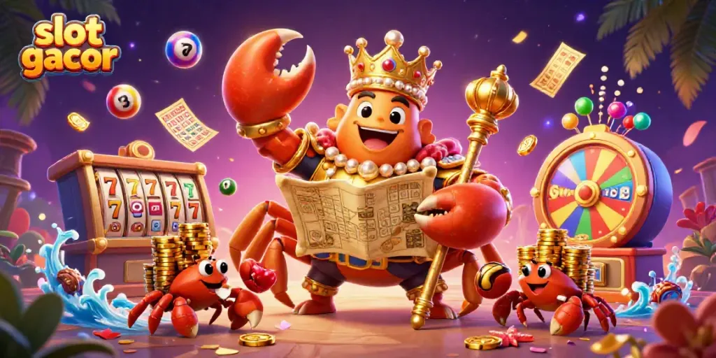 Menang di slot gacor dengan ilustrasi kartun 3D terkaya yang menggambarkan suasana kasino yang ceria dan penuh aksi.