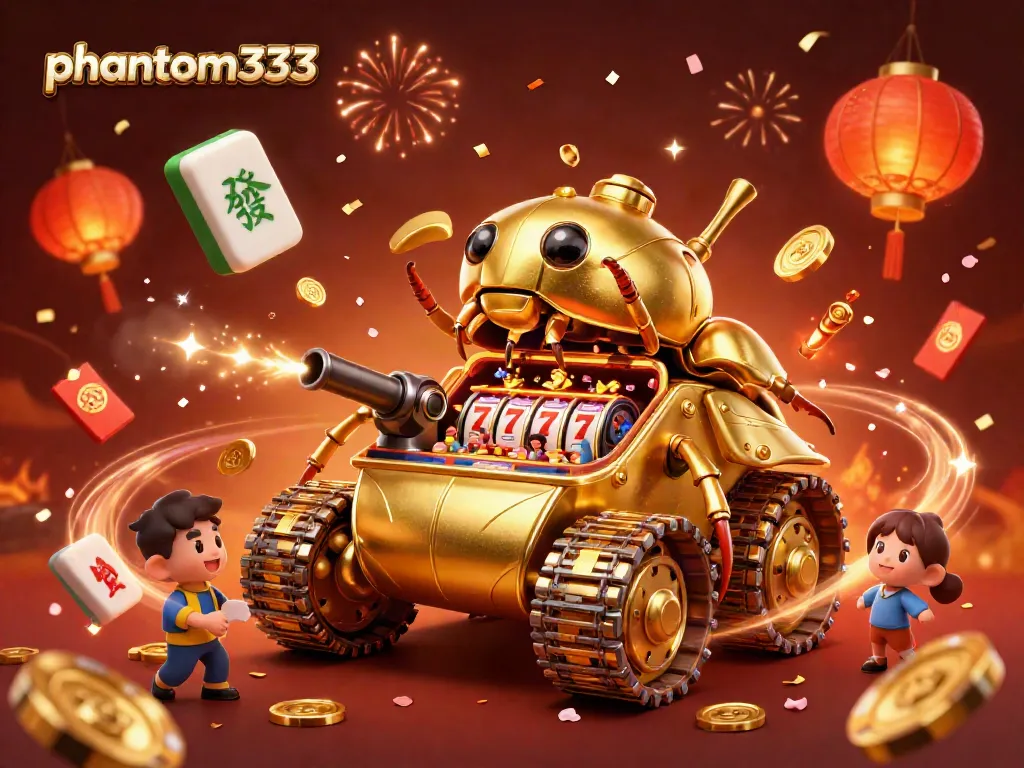 Play and win at phantom333 with a vibrant 3D casino illustration featuring golden beetles, slots, and festive decorations.