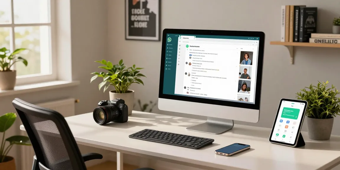 Using WhatsApp電腦版 on a desktop computer in a modern home office setup with warm natural light.
