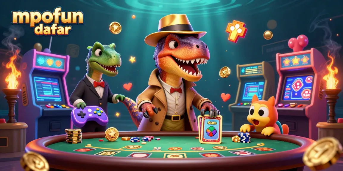 Experience mpofun daftar with a velociraptor card counter in a vibrant casino scene.