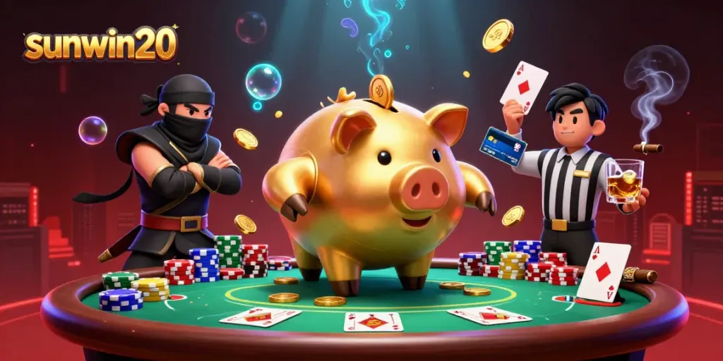 Engage with sunwin20's thrilling action featuring a golden piggy bank sumo wrestler amidst a lively poker scene.