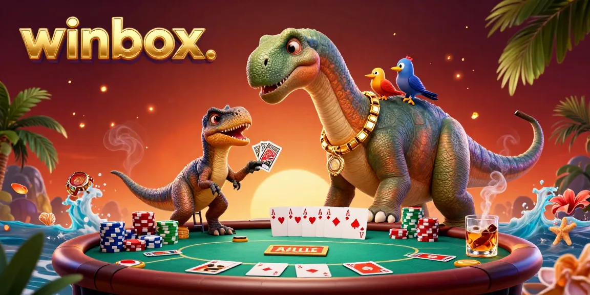 Engage with winbox at an exciting poker game featuring a towering dinosaur character and vibrant game elements.