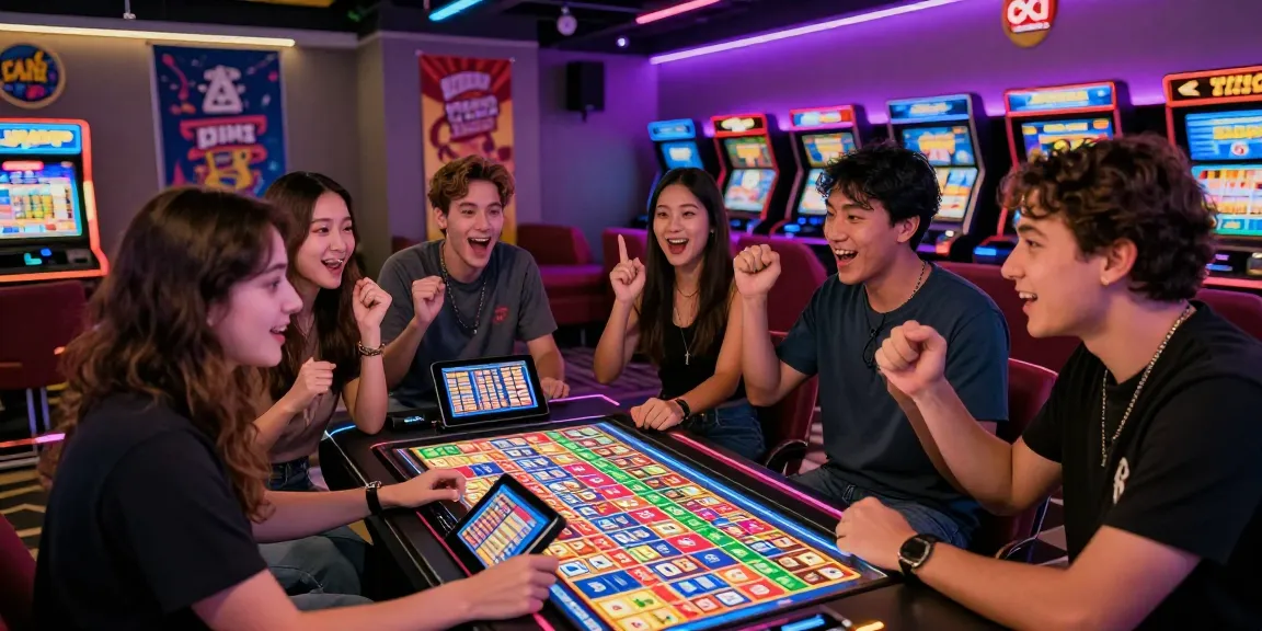 Exciting toto togel scene in a modern gaming lounge with friends eagerly awaiting results.