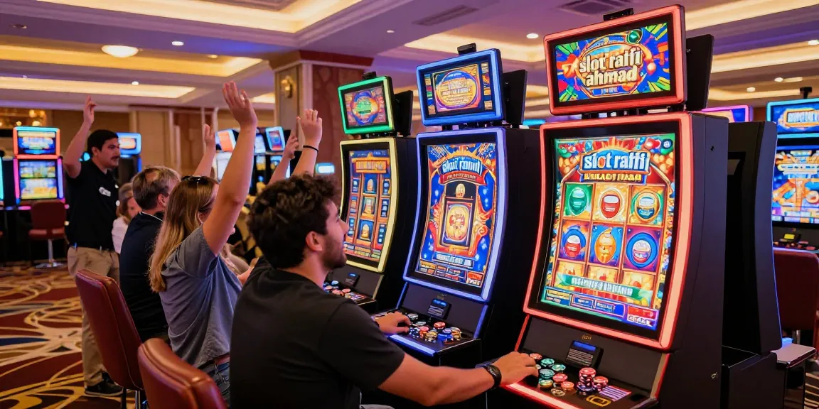 Players enjoying the thrill of 'slot raffi ahmad' on colorful casino machines, celebrating wins.