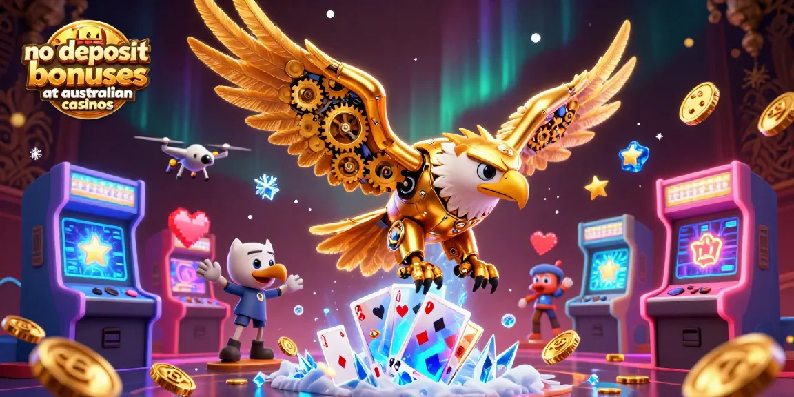 No deposit bonuses at Australian casinos: A stunning 3D illustration showcasing a cybernetic eagle diving through holographic cards.