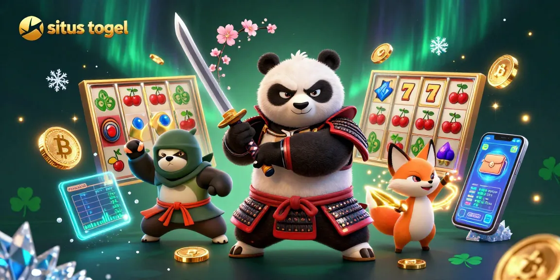 Situs togel jackpot excitement with a samurai panda, ninja fox, and spirit tanuki amidst vibrant gaming elements.
