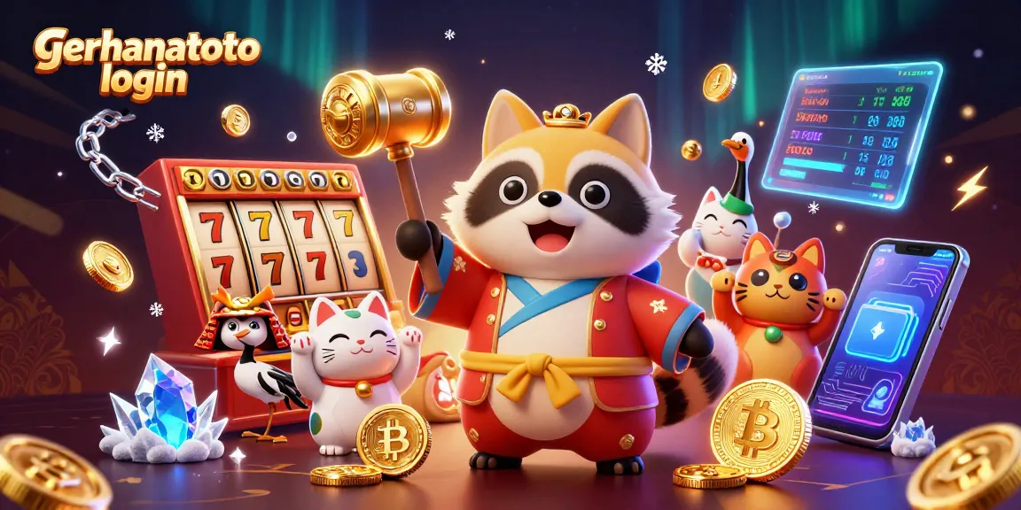 Masuk gerhanatoto login dengan cepat melalui ilustrasi kasino slot penuh warna dan karakter menarik.