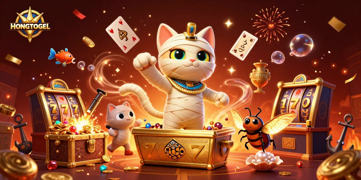 Gambarkan HONGTOGEL dengan kucing mummy Mesir di kasino, simbol slot dan lebih banyak lagi.