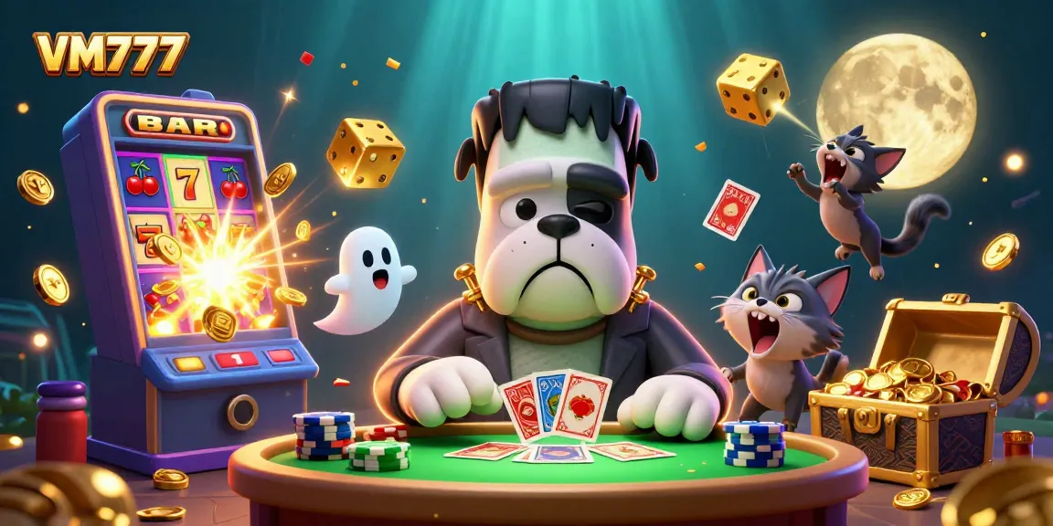 Play thrilling casino games with VM777's vibrant digital illustration of monsters and jackpots.