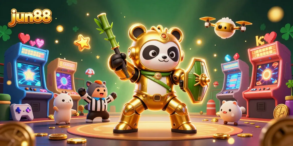 Experience the thrilling arena of jun88 with a mech-suit panda battling amidst a vibrant casino scene.