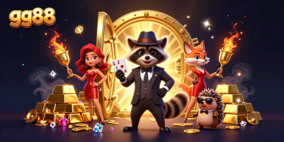 Engage with gg88 casino adventures featuring charming raccoon and friends amidst treasure.