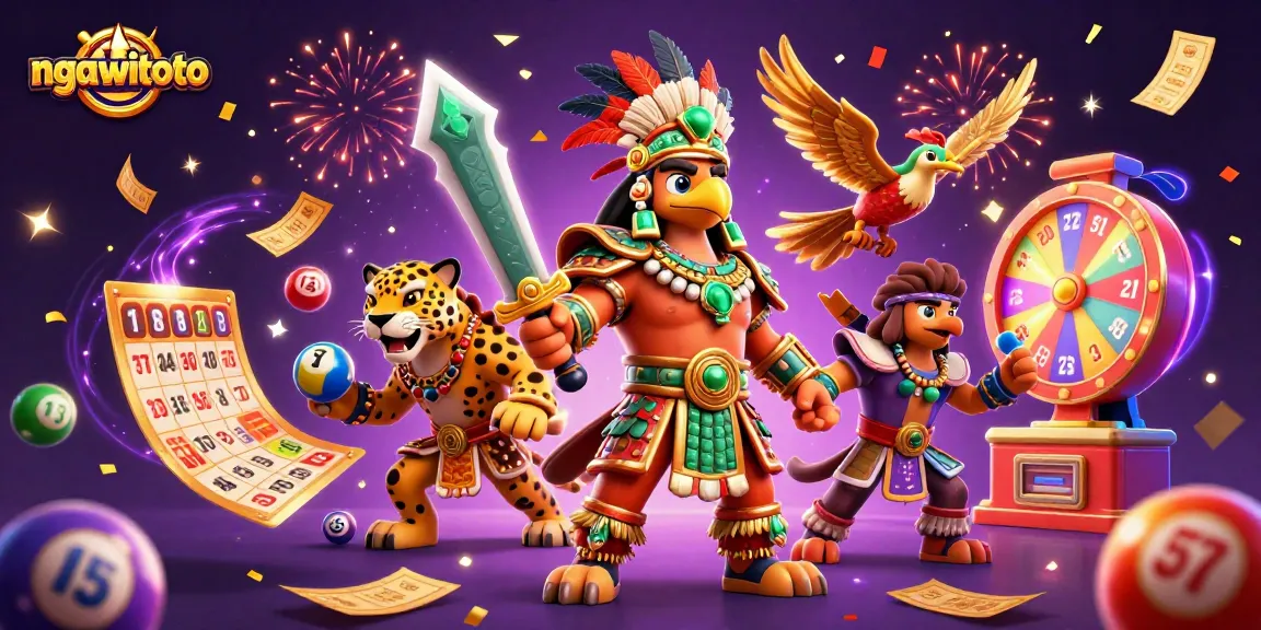 Menangkan undian lotere dengan ngawitoto, terdapat karakter pejuang Aztec dan elemen permainan yang meriah.