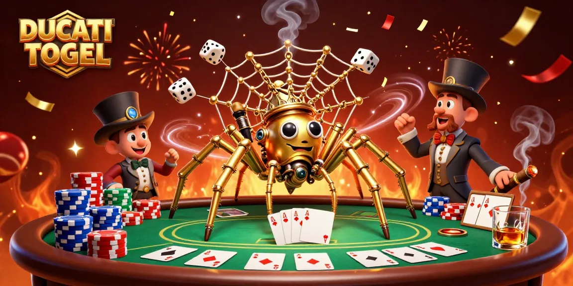 Engage with DUCATITOGEL through this vibrant 3D scene showcasing a golden spider playing with dice and poker elements.