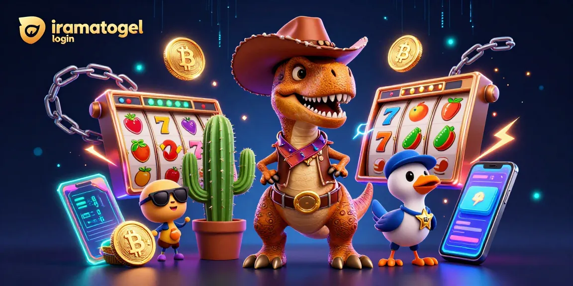Mengakses iramatogel login di dunia permainan kasino dengan T-Rex cowboy dan teman-teman 3D mempesona.
