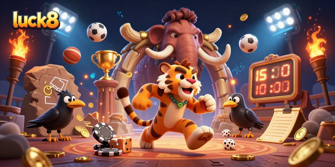 Experience luck8 casino thrills with a lively caveman duo and sports betting excitement in a dynamic scene.