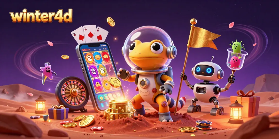 Ilustrasi 3D dari winter4d menampilkan gecko Mars dan robot rover di kasino emas, memperlihatkan keseruan judi yang menarik.