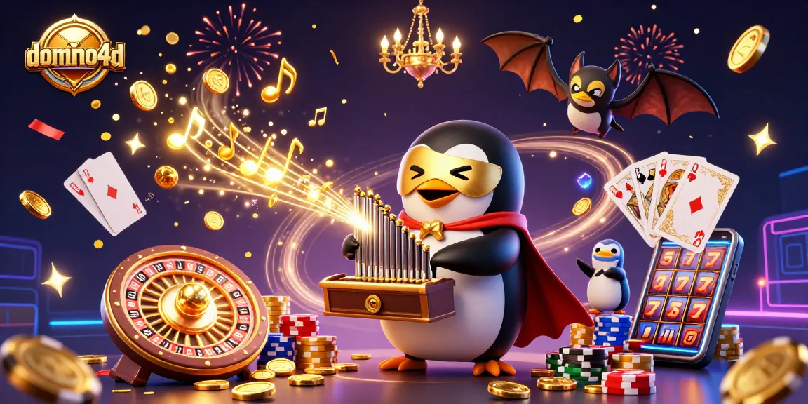 Menangkan permainan kasino di domino4d dengan ilustrasi bingo dan koin emas yang mengucur.