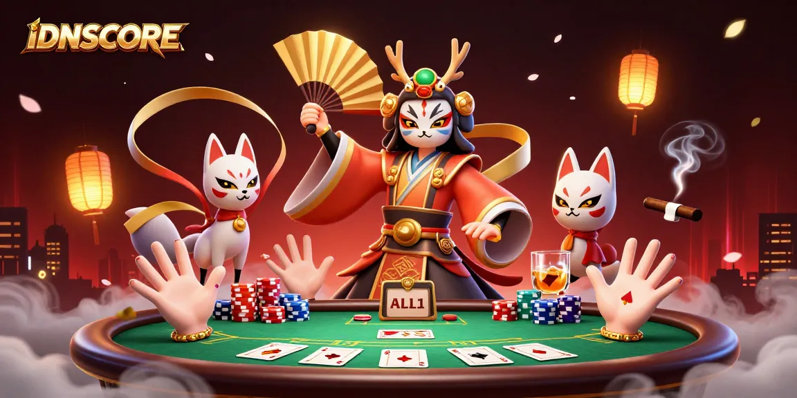 Engage with IDNSCORE in a vibrant 3D casino scene showcasing a kabuki crane and kitsune mask amid gaming excitement.