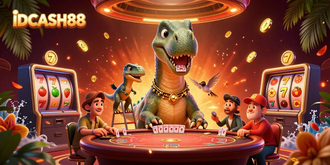 Spin to win with IDCASH88 at a vibrant casino scene featuring playful dinosaurs.