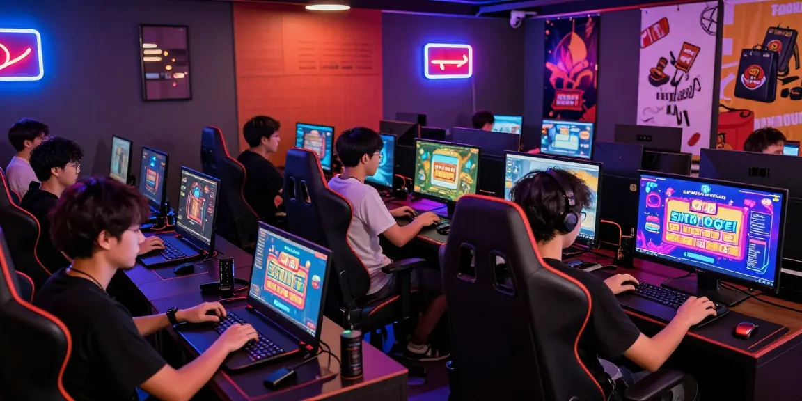 Engaged players in a vibrant cybercafe exploring situs togel with energetic graphics and modern gaming gear.