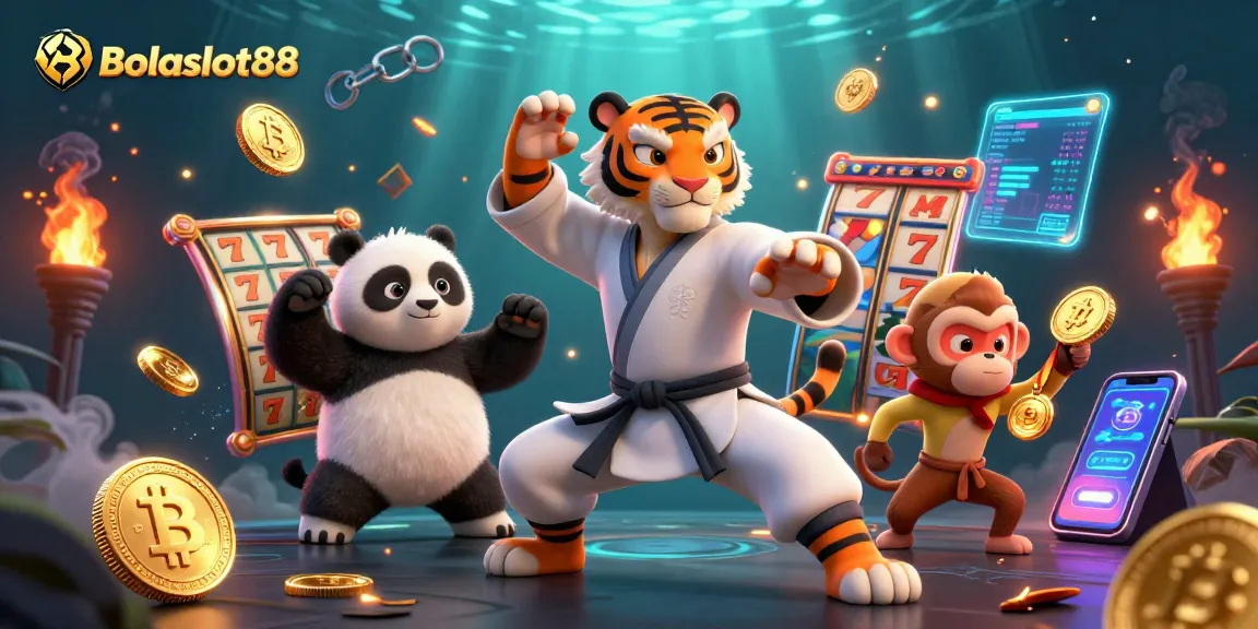 Bolaslot88 showcases an exciting scene with cartoon characters engaging in thrilling slot games amidst vibrant crypto elements.