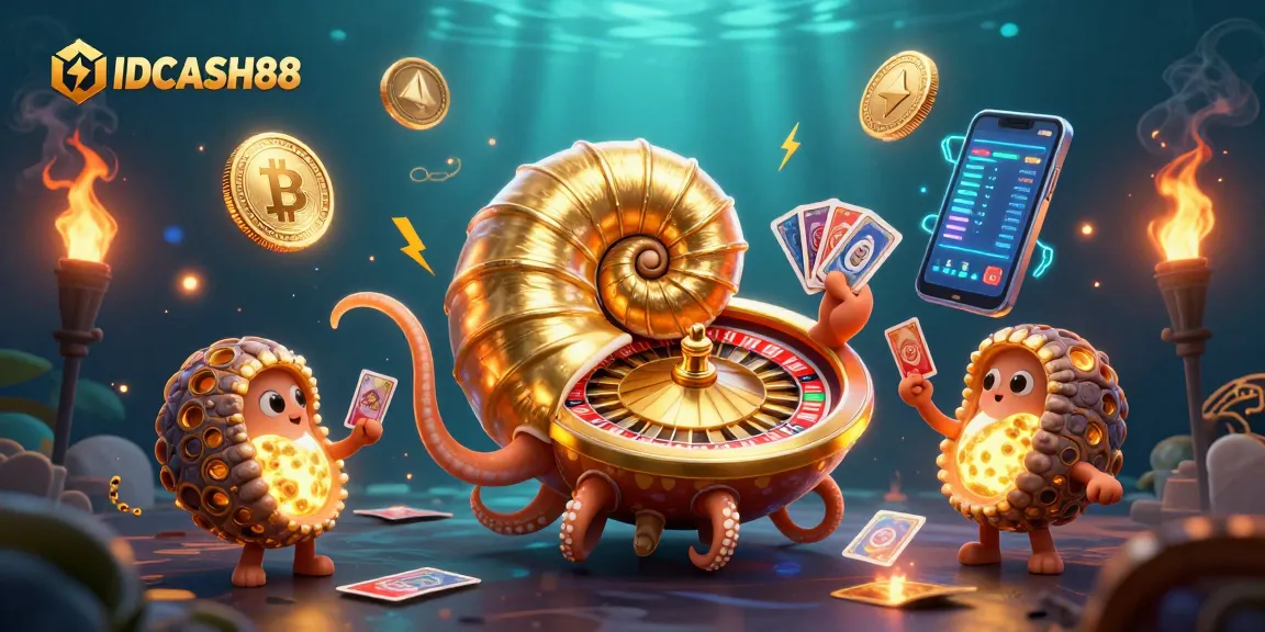 Experience the thrill of IDCASH88 with a vibrant 3D casino illustration featuring a nautilus roulette wheel.