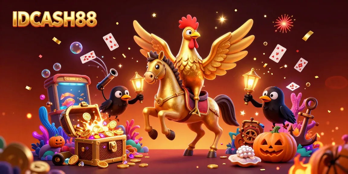 Join the excitement at IDCASH88 with thrilling casino adventures featuring a golden rooster in a vibrant setting.