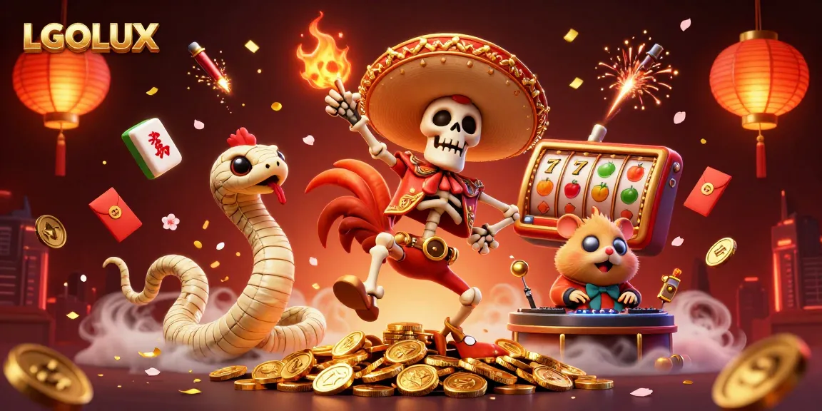 Experience LGOLUX's vibrant victory scene with a mariachi rooster dancing in a casino-themed landscape.
