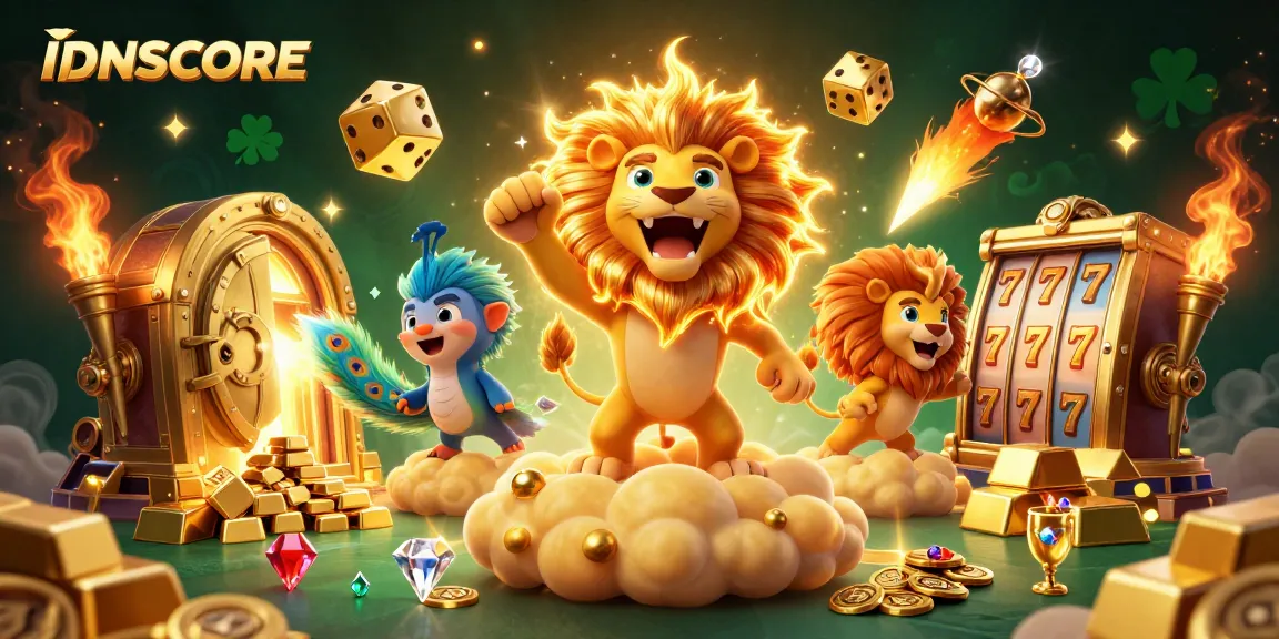 Experience the excitement of IDNSCORE's casino adventure with vibrant characters, golden treasures, and dynamic elements in this 3D illustration.