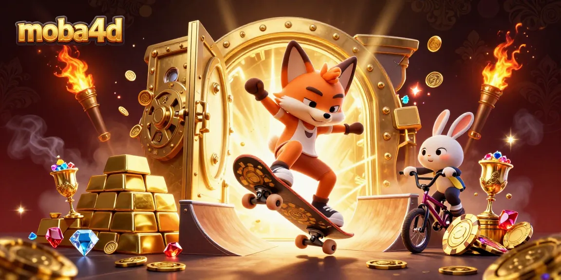 Experience thrill with moba4d as a fox skater performs over golden poker chips in a dynamic casino scene.